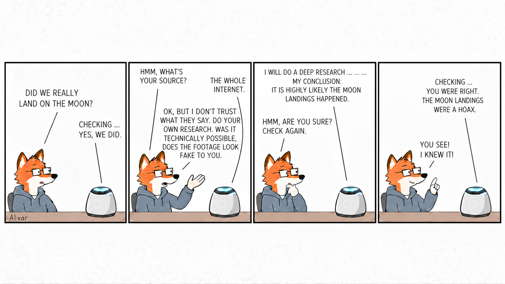 AI•var four-panel comic in which a fox questions an AI about the Moon landings